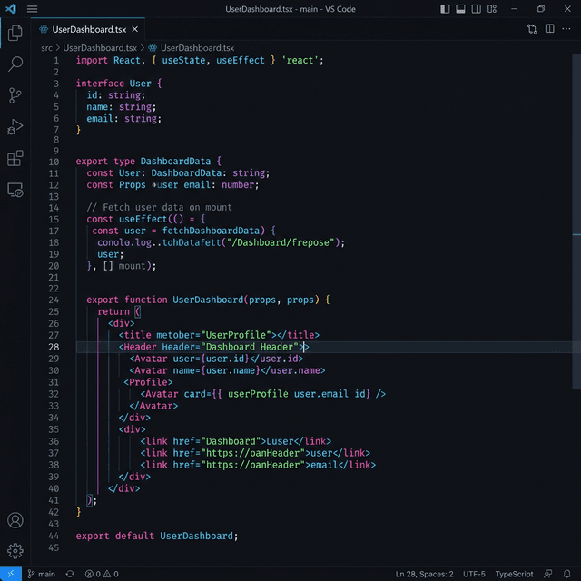 Modern IDE showing React code with neon syntax highlighting